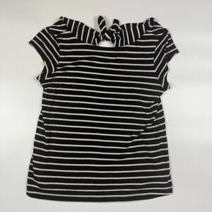 LOFT Top Womens PM Black White Textured Striped Cap Sleeve Back Keyhole Detail